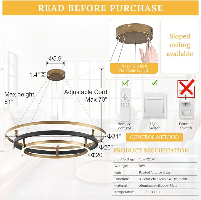 3 Ring LED Chandelier Black Gold Round Chandeliers Light Fixture 31in Dimmable Modern Circular Chandeliers Brass Gold Chandelier Light for Foyer Dining Room Bedroom Office Living Room Entryway