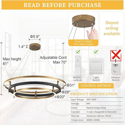 3 Ring LED Chandelier Black Gold Round Chandeliers Light Fixture 31in Dimmable Modern Circular Chandeliers Brass Gold Chandelier Light for Foyer Dining Room Bedroom Office Living Room Entryway