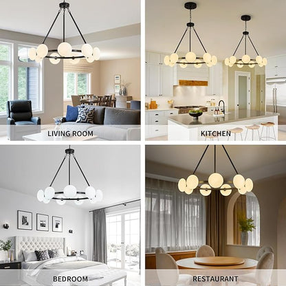 Modern Chandelier,Large Black Wagon Wheel Chandelier,Sputnik Pendant Light Fixture Over Table,Glass Globe Chandelier for Dining Room and Living Room
