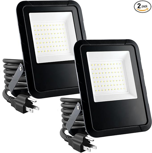 Simple Deluxe 2 Pack LED Flood Lights Outdoor, 70W 7000LM Super Bright Outside Work Light with Plug, IP65 Waterproof, 6500K Floodlight for Garage, Yard, Lawn