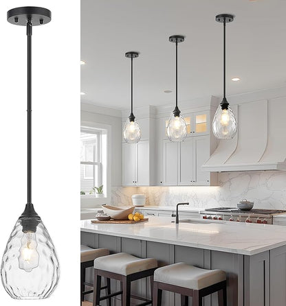 Glass Pendant Lights Kitchen Island, 1-Light Modern Black Pendant Light Fixtures with Hammered Glass and Rods, Small Hanging Light for Kitchen Sink Dining Room Bathroom