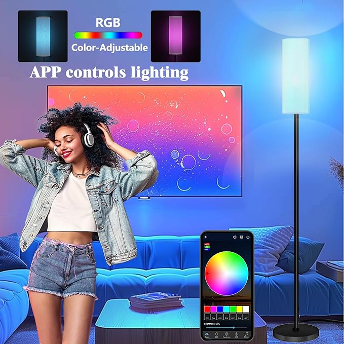 Qaubauyt Smart LED Floor Lamp with APP Control & RGB Colors - Dimmable Standing Lamp for Living Room, Bedroom, Gaming - Remote, Timer, 9W Bulb Included, 67" Modern Tall Lamp (C:Black Beige)