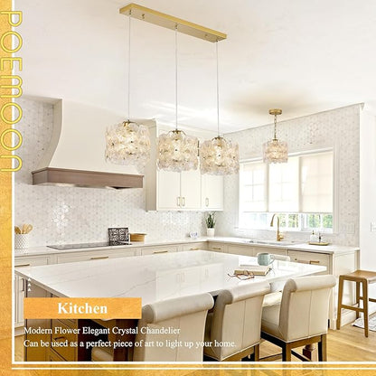 3-Lights Flower Glass Pendant Light for Kitchen Island Modern Gold Linear Chandelier Adjustable Ceiling Pendant Lighting for Bar Dining Room Living Room