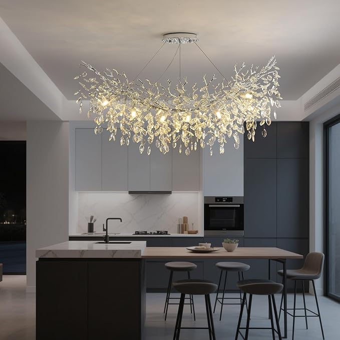 Rectangle Crystal Tree Branch Chandelier, L47.3'' Mpdern Luxury Chrome Linear Art Deco Raindrop Pendant Lighting Fixture for Kitchen Island Foyer Living Room Dining Room 14 Lights