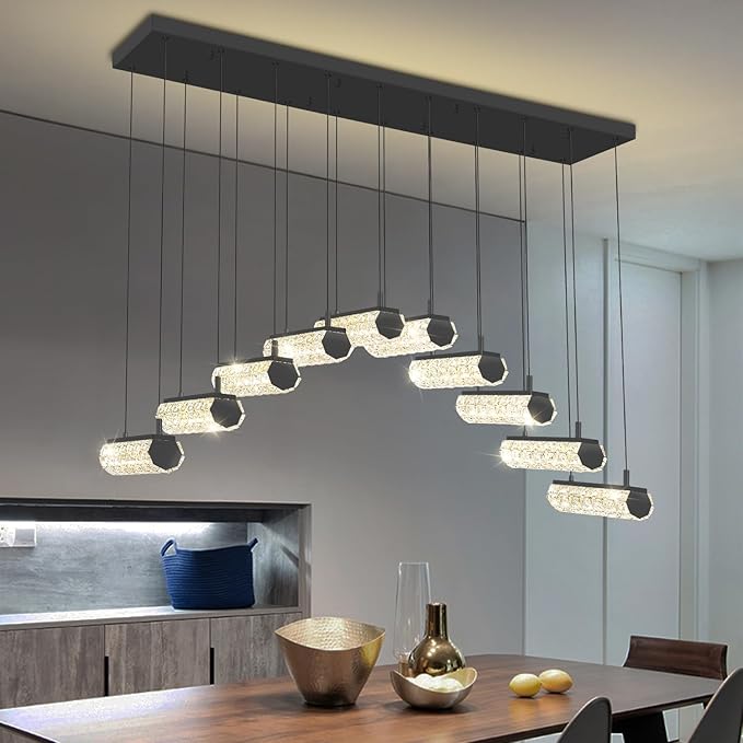 Crystal Ring Chandelier for Dining Room,Black 10 Lights Rectangular Crystal Pendant Lights Over Table Modern Linear Crystal Chandelier Dimmable with Remote Control