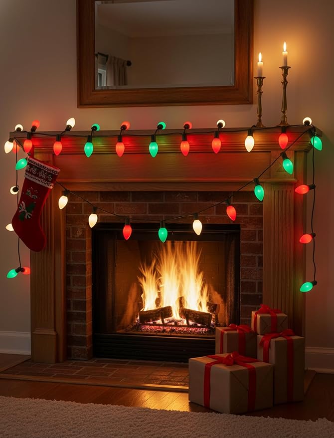 C9 Red Green White Christmas Lights, 25FT Multicolor Christmas Decorations String Lights with 26 Ceramics Bulbs, Connectable Vintage Xmas Tree Decor for Indoor Home Outdoor Patio Holiday Party Garden