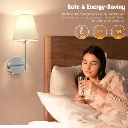 NIORSUN 14.5 inch Battery Operated Wall Sconce Set of 2,Brushed Nickel Rechargeable Wall Lights with 5200mAh Dimmable Bulbs and Remote,9 Colors Wireless Sconces for Bedroom Living Room Decor