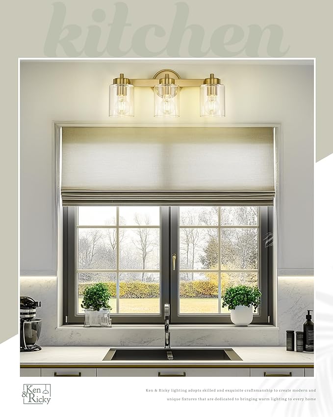 Ken & Ricky Brushed Gold Wall Sconce Light, 3 Light Modern Fixture for Bathroom, Vanity Mirror Light Kitchen Living Room Hallway, E26 Bulb Base Clear Shade