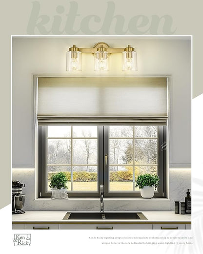 Ken & Ricky Brushed Gold Wall Sconce Light, 3 Light Modern Fixture for Bathroom, Vanity Mirror Light Kitchen Living Room Hallway, E26 Bulb Base Clear Shade