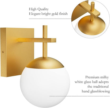 Ralbay Gold Wall Sconce, Mid Century Modern Gold Wall Light Fixtures Milky Glass Indoor Wall Lamp for Home Decor Bathroom Kitchen Living Room Vanity Hallway, Gold 1 Light (Exclude Bulb)