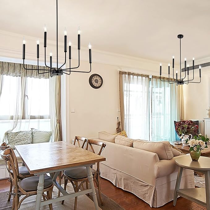 WOKNOS Modern Black Farmhouse Chandeliers, 8-Light Industrial Metal Chandelier Lighting, Classic Candle Hanging Pendant Light Fixtures for Kitchen Bedroom, Dining Room, Living Room,Foyer