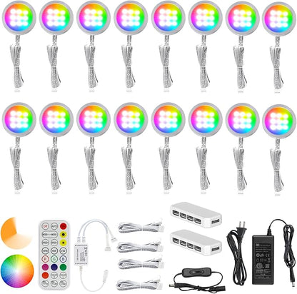 AIBOO Under Cabinet Lighting Kit, 16 Pack Dimmable RGB and CCT LED Puck Lights with Timer Function, Wireless Remote Control, Linkable Design, Ideal for Kitchen, Living Room, and Display Shelves