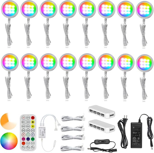 AIBOO Under Cabinet Lighting Kit, 16 Pack Dimmable RGB and CCT LED Puck Lights with Timer Function, Wireless Remote Control, Linkable Design, Ideal for Kitchen, Living Room, and Display Shelves