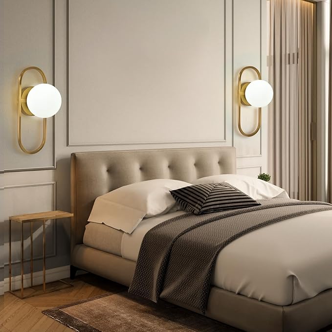 SeeU Mid Century Wall Sconces Modern Gold Vanity Wall Lamp with White Globe Lampshade Wall Light Fixture for Bathroom Bedroom Living Room Set of 2