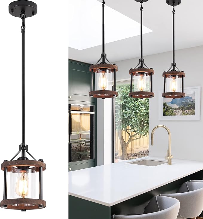 SGLfarmty Farmhouse Pendant Light for Kitchen Island, 1 Pack Rustic Black and Wood Light Fixtures with Glass Shade, Blown Pendant Lamps Over Table, Farmhouse Hanging Light for Dining Room, Sink, Bar