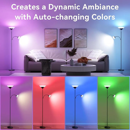 SIBRILLE RGB Torchiere Floor Lamp, 2-in-1 Dimmable Standing Lamp with Remote & Button Control, 34W 360° Rotatable LED Reading Lamp, 72" Modern Tall Corner Lamp for Bedroom, Living Room, Office, Black