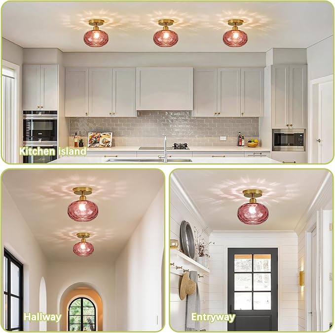 Luafac Red Glass Semi Flush Mount Ceiling Light - 2 Pack,7.9 Inch Small Hammered Art Deco Glass Hallway Light fixtures, Vintage Gold Flush Mount Ceiling Light for entryway Foyer Laundry Room Kitchen