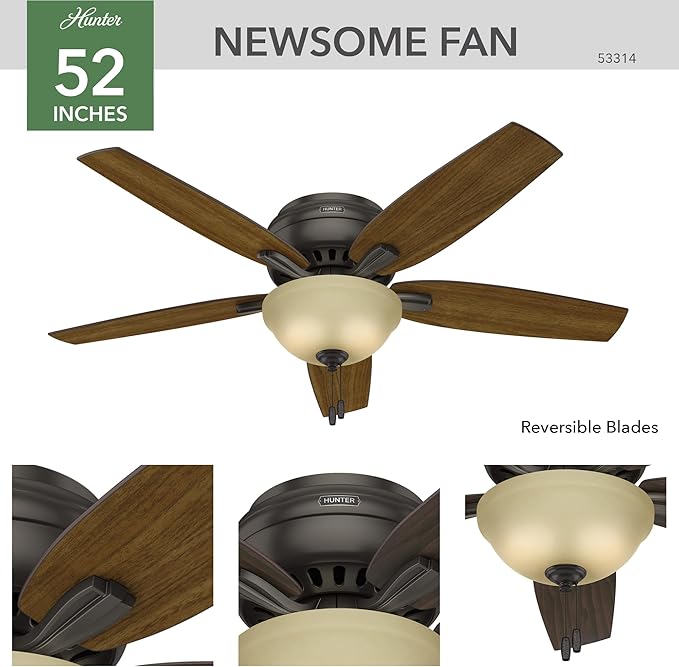 Hunter 52 inch Indoor Ceiling Fan with LED Light - Bronze Ceiling Fan with Pull Chain, For Bedroom or Living Room, Low Profile Flush Mount, No Remote, 5 Blades - Newsome 53314, Premier Bronze