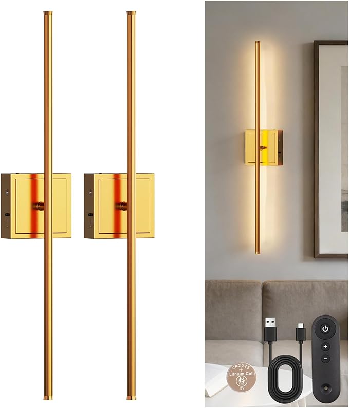 DORESshop Battery Operated Wall Sconces Set of 2, Dimmable Battery Wall Sconce with Remote Control, Brass 350°Rotate Rechargeable Sconces, 28.1 Inch Wireless Wall Lights for Bedroom, Living Room