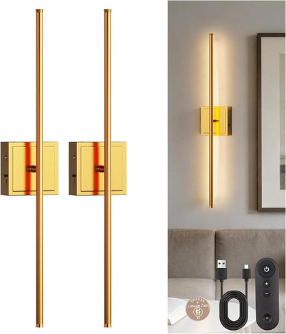 DORESshop Battery Operated Wall Sconces Set of 2, Dimmable Battery Wall Sconce with Remote Control, Brass 350°Rotate Rechargeable Sconces, 28.1 Inch Wireless Wall Lights for Bedroom, Living Room