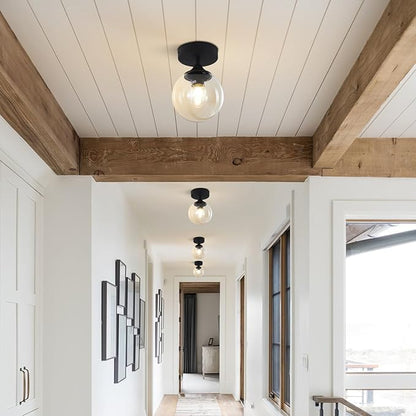 KCO Lighting Black Globe Semi Flush Mount Ceiling Light Modern Light Fixture Amber Glass Ceiling Light Rustic Bedroom Close to Ceiling Light Mid Century Modern Overhead Light