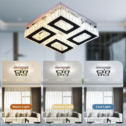 13.1'' Square Modern Chandelier Light with Remote Crystal Ceiling Light Stainless Steel LED Flush Mount Ceiling Light Fixtures for Bedroom Living Room Kitchen Dimmable