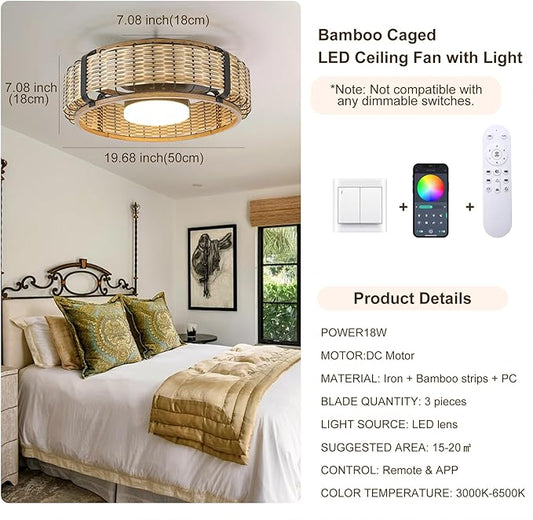 Ganeed 20" Bamboo LED Dimmable Ceiling Fan with Light and Remote Control, Boho Rattan Caged Ceiling Fans with Lights 6 Speed/Timer/RGB Flush Mount Fandelier for Kitchen Living Room Indoor Bedroom