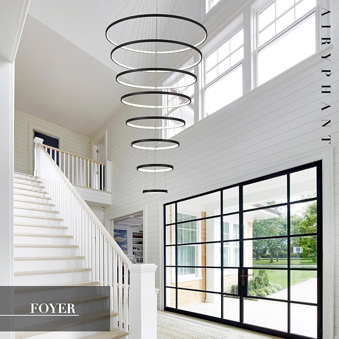 Modern Big LED Chandeliers 8-Ring Big LED Chandelier for High Ceiling with Remote Control Hanging Height Adjustable Max 98" Long Chandelier for Foyer Living Room Entry Staircase 135W