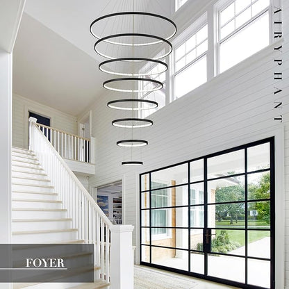 Modern Big LED Chandeliers 8-Ring Big LED Chandelier for High Ceiling with Remote Control Hanging Height Adjustable Max 98" Long Chandelier for Foyer Living Room Entry Staircase 135W