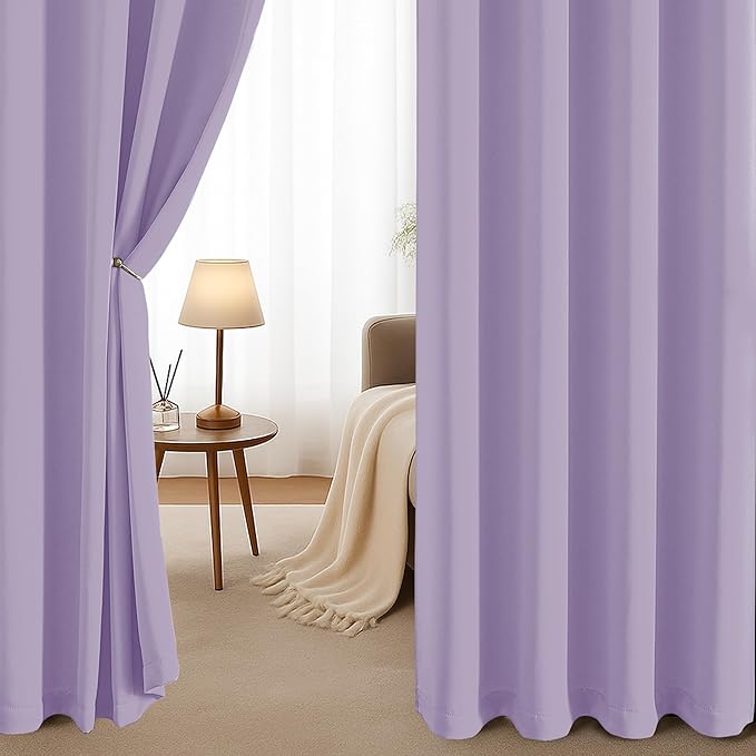 Simplebrand Lilac Room Darkening Curtains for Bedroom 63 Inch Length 2 Panels Set, Thermal Insulated Energy Saving Curtains for Kids Room, Grommet Solid Nursery Window Treatment Drapes, W40 x L63