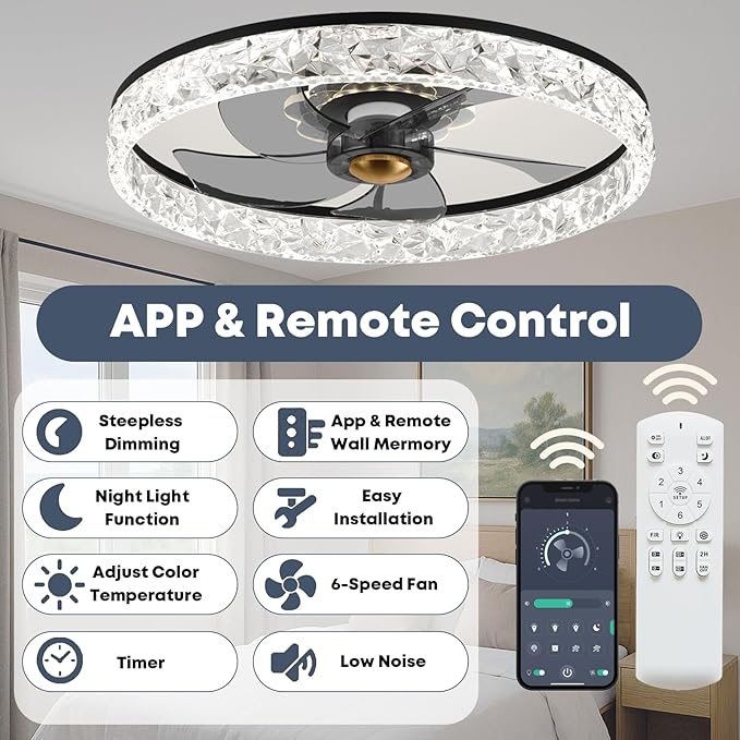 Fszdorj 20'' Ceiling Fan with Light, Upgraded Low Profile Fan, Flush Mount Ceiling Fan, 6 Speeds, Dimmable LED, App & Remote Control, Quiet DC Motor, for Bedroom, Living Room, F098 Black