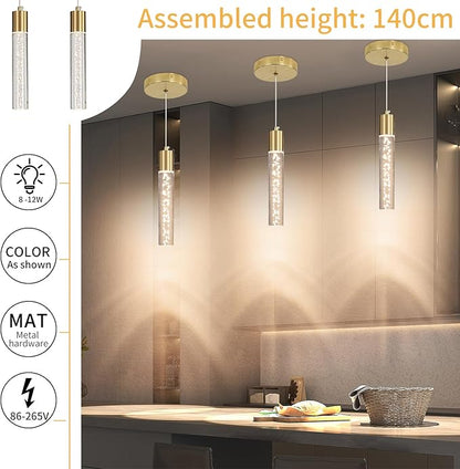 2 Pack Modern Kitchen Island Hanging Light, Gold LED Pendant Lights Fixture, Bubble Acrylic, 3 Color Temperatures, Mini Ceiling Chandelier Lighting for Dining Room, Bedroom, Foyer Entrance, Cafe Bar