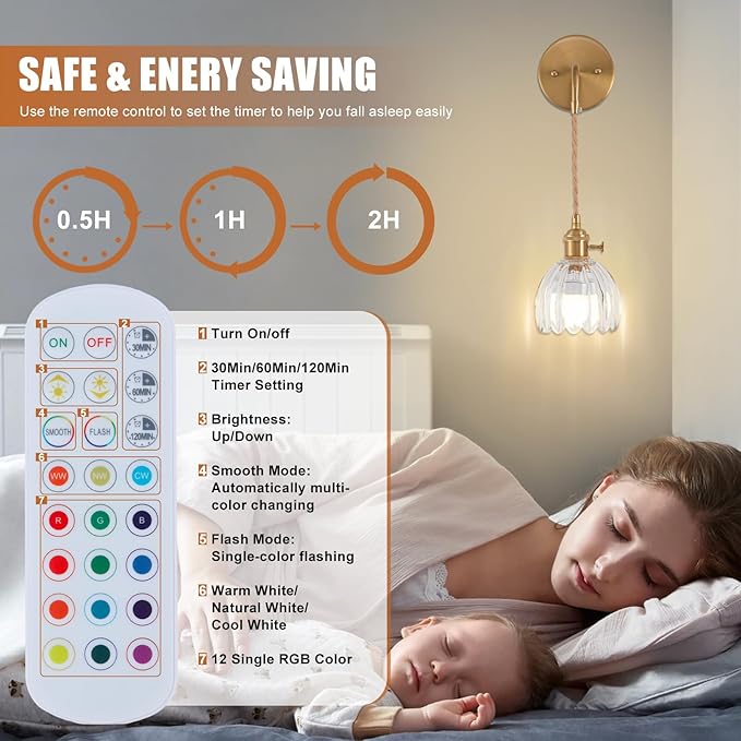 Vintage Battery Operated Wall Sconces Sets Of Two, Indoor not Hardwired Transparent Tulip Glass Lampshade Fixtures, Rechargeable Wireless RGB Wall Lights with Dimmable Remote, for Bedroom Living Room