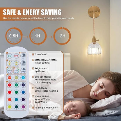 Vintage Battery Operated Wall Sconces Sets Of Two, Indoor not Hardwired Transparent Tulip Glass Lampshade Fixtures, Rechargeable Wireless RGB Wall Lights with Dimmable Remote, for Bedroom Living Room