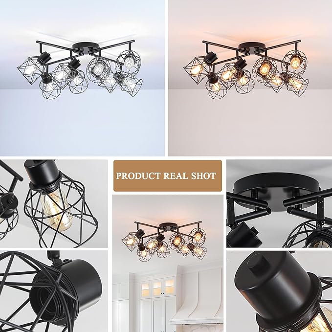 8 Lights Adjustable Multi-Directional Black Light Fixtures, Semi Flush Mount Ceiling Light, Kitchen Light Fixtures Track Lighting Fixtures with Metal Cage Industrial Spotlight Fixtures for Dining Room