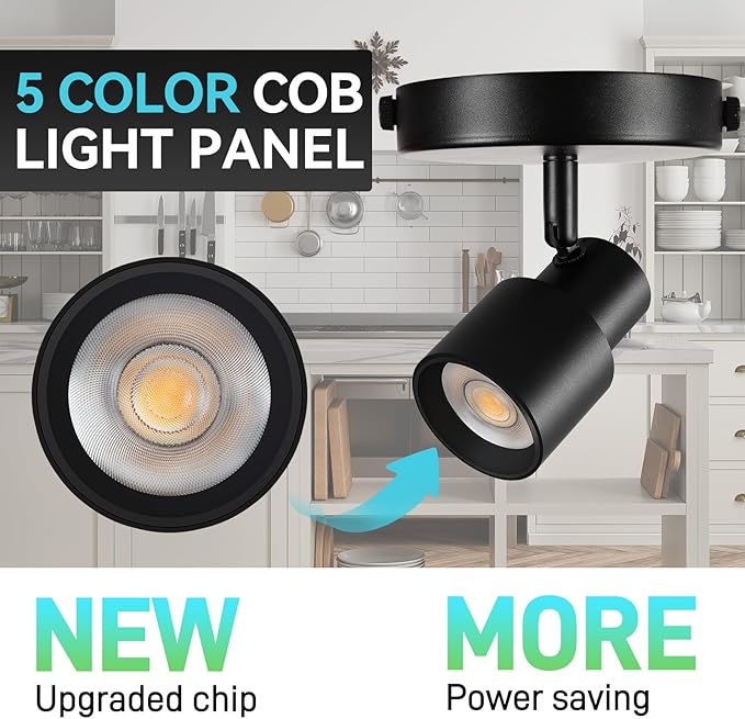 LED Spot Lights Indoor Dimmable 5-Color Ceiling Spotlight Flexible Adjustable Directional Ceiling Spot Lights Indoor 10W Black Flush Mount Spot Light Fixture for Living Room 900lm CRI90+24°