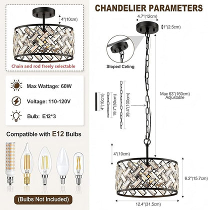 Black Crystal Chandelier, 3-Light Morden Dining Room Light Fixture,12.4" Small Round Semi Flush Mount Chandeliers for Kitchen Foryer Entryway Hallway Living Room Bedroom (ETL Listed)