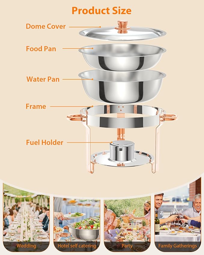 GarveeHome Chafing Dish for Buffet 2 Pack, 5 QT Round Chafing Dishes Buffet Set w/Lid Holder, Stainless Steel Chafers and Food Warmers with Spoon and Tweezers for Parties, Weddings, Events, Rose Gold