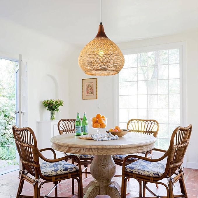 Rattan Pendant Light, 15.7" Rattan Chandelier Hand-Woven Boho Pendant Light Fixtures with Solid Wood, Basket Wicker Chandelier for Dining Room Kitchen Island Living Room