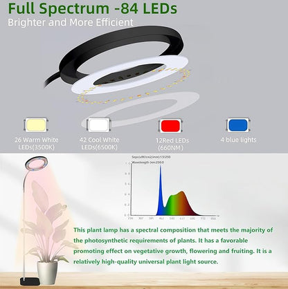 Full Spectrum LED Grow Light, 84 LEDs with 3 Color Modes, 67in Adjustable Gooseneck, 360° Rotating Head, Desktop Plant Light with Timer, 10 Brightness Levels, (Black)