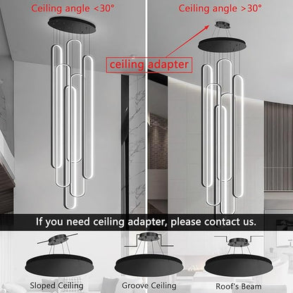 6 Rings Modern Large Chandelier for Staircase High Ceiling Chandelier LED Dimmable Black Chandeliers for Foyer Living Room Villa Black