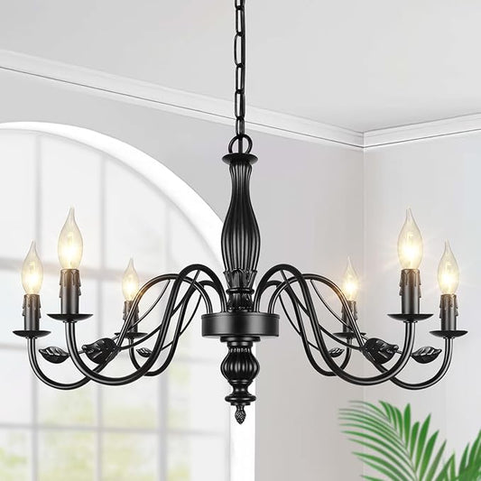 29" Black Chandelier for Dining Room, Modern Farmhouse 6-Light Light Fixture Hanging, Industrial Kitchen Lighting Fixtures with Leaf, Vintage Chandeliers Over Table for Bedroom Foyer Living Room
