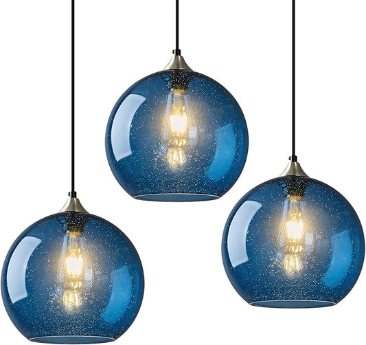 Modern 3-Pack Glass Globe Pendant Lights, Blue Modern Pendant Lighting for Kitchen Island, Clear Glass Hanging Lamps for Dining Room Living Room Bedroom, Medium 7.87 Inch Fixture (Bulbs Not Included)