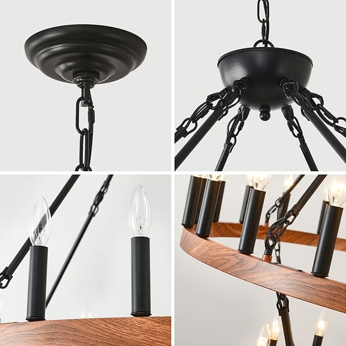 HHR 60" Wood-Grain Surface Double Tier Wagon Wheel Chandelier, 54-Light Extra Large Farmhouse Pendant Light Fixture, Round High Ceiling Chandelier for Dining Room Living Room Island Foyer Entryway E12