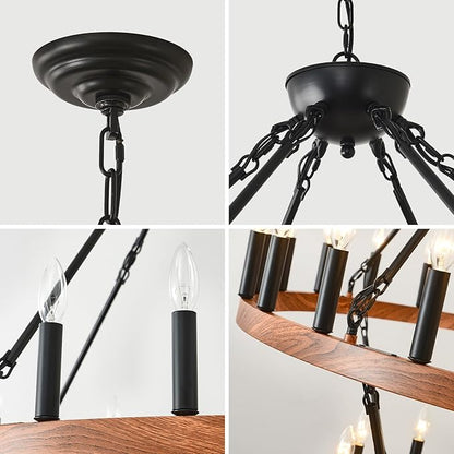 HHR 60" Wood-Grain Surface Double Tier Wagon Wheel Chandelier, 54-Light Extra Large Farmhouse Pendant Light Fixture, Round High Ceiling Chandelier for Dining Room Living Room Island Foyer Entryway E12