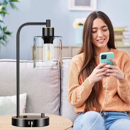 Set of 2 Black and Gold Industrial Table Lamps with USB Port, Fully Stepless Dimmable Bedside Lamps for bedrooms, Nightstand Desk Lamps with Clear Glass Shade for Reading Office 2 LED Bulb Included