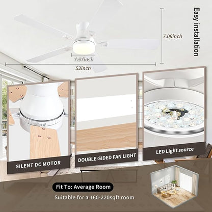 KNUN Ceiling Fans with Lights,52 Inch Low Profile Ceiling Fan with Light and Remote Control,Flush Mount,6 Speeds DC Reversible Motor, 3CCT Dimmable, Noiseless White Ceiling Fan for Living Room,Patio