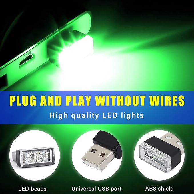 Augeny 4 PCS USB LED Car Interior Atmosphere Lamp, Plug-in USB Decor Night Light, Portable Auto Ambient Lighting Kit, Universal Vehicle Interior Accessories for Most Cars (Green)