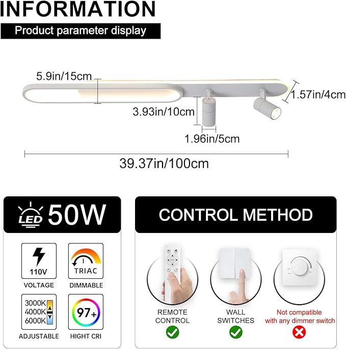 39.3Inch Dimmable LED Ceiling Light with 2 Spotlights Modern LED Ceiling Light with Remote Long Linear Ceiling Lamp for Kitchen Bedroom Office Laundry Room White/50W