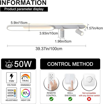 39.3Inch Dimmable LED Ceiling Light with 2 Spotlights Modern LED Ceiling Light with Remote Long Linear Ceiling Lamp for Kitchen Bedroom Office Laundry Room White/50W